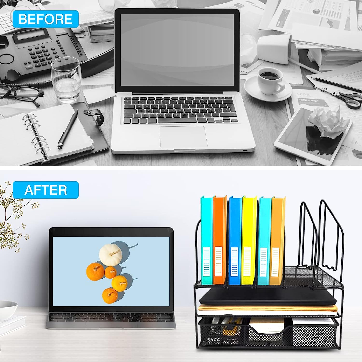 Desk File Organizer with Drawer Anyyuk Office Supplies Organizer with Double Tray and 5 Upright File Folder Holders Sections Desktop Organizer for Workspace Home Office School, Black - Image 2